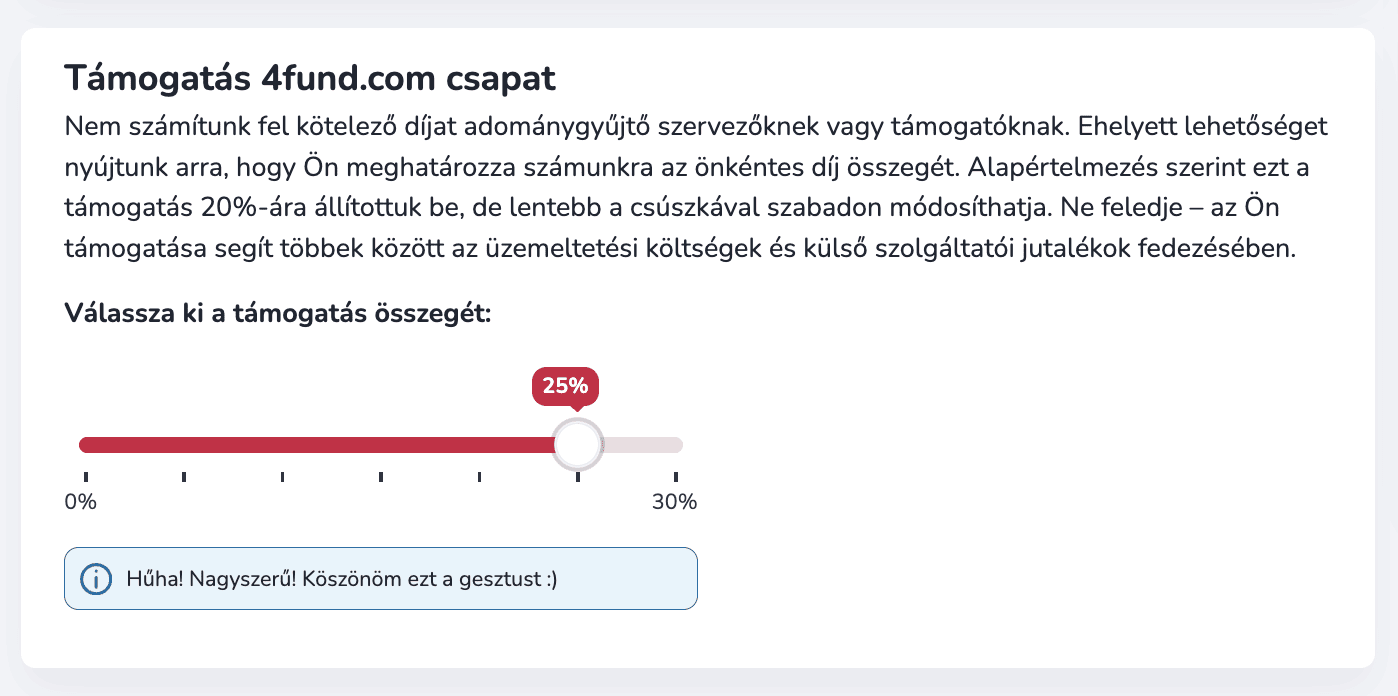 A 4fund.com felülete az önkéntes támogatás csúszkájával
