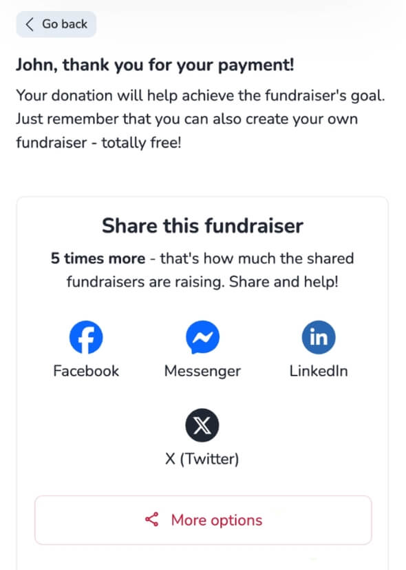 Confirmation screen with options to share fundraiser