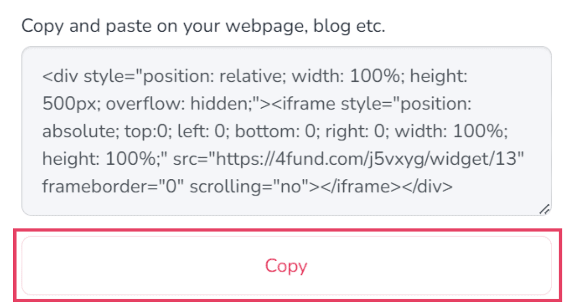 I widgetgenereringsvinduet vises HTML-koden helt nederst. For å kopiere klikker du ganske enkelt på "kopier"-knappen under tekstboksen.