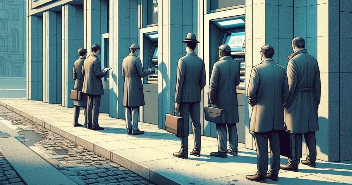 Grafika prikazuje dugi red ljudi koji čekaju da podignu novac s bankomata
