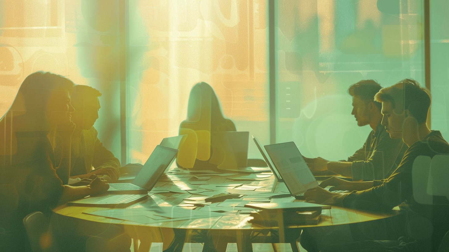 The illustration shows the view from behind the glass. In the centre, a large round table. Around the table sit 5 people - each with an open laptop in front of them.