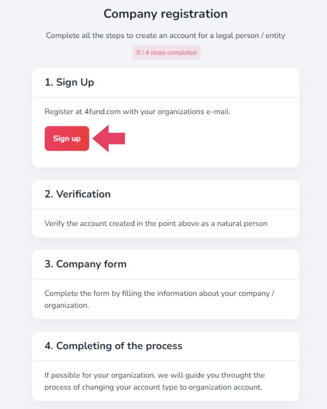 The screenshot shows the first step of the account registration process - signing up.