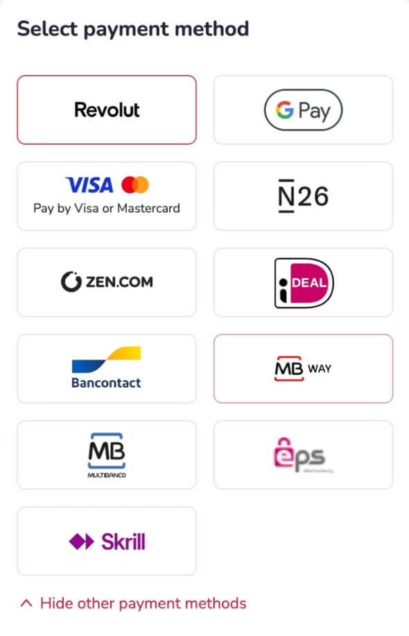 Choosing a payment method on the donation page
