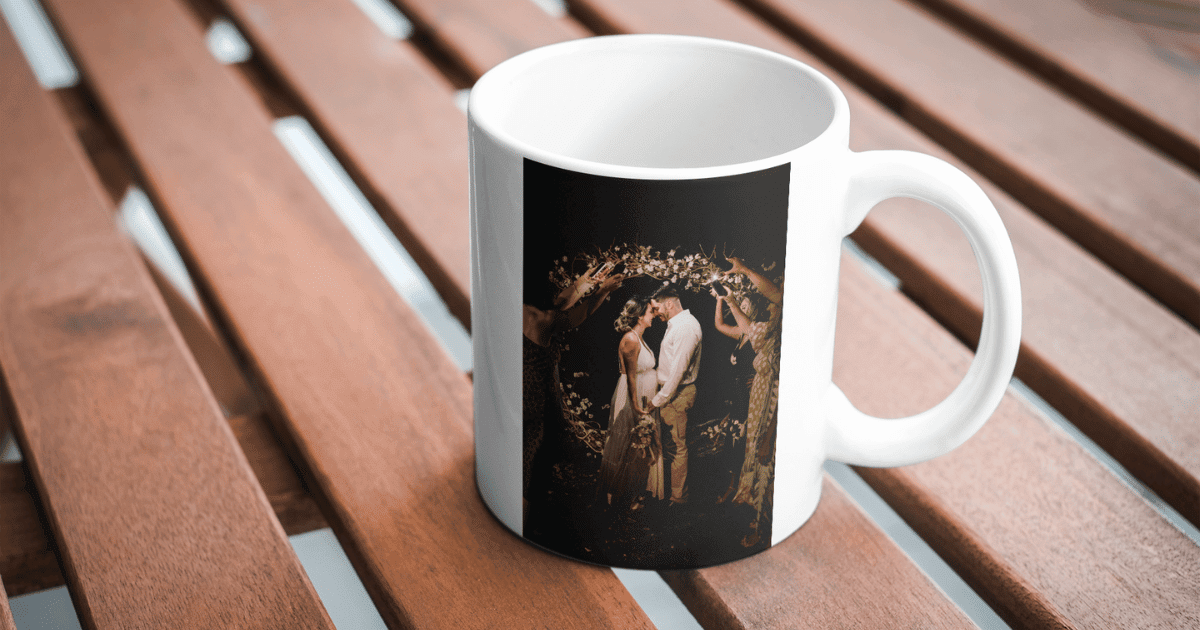 example of a personalised mug with a photo of the bride and groom