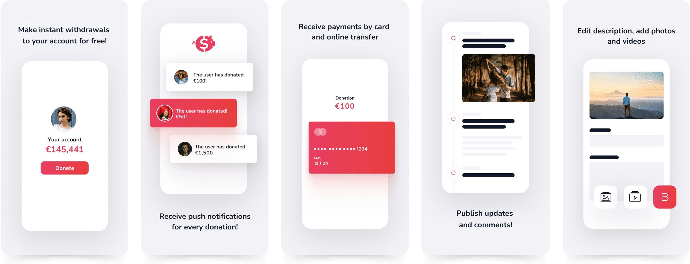 Graphic showcasing features of the 4fund.com app: instant withdrawals, real-time donation notifications, secure payments, publishing updates, and editing campaign content with photos and videos.