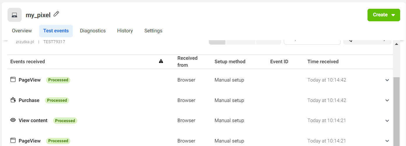 A screenshot of the Test events tab for the my_pixel Pixel in Facebook Events Manager. The page shows events received, including PageView, Purchase, and View content, all marked as Processed in green. The events were received from a browser through manual setup. Columns display details such as the event name, received from, setup method, event ID, and time received, with timestamps indicating the events occurred today. The interface includes navigation tabs like Overview, Diagnostics, History, and Settings, with a green Create button in the top-right corner.