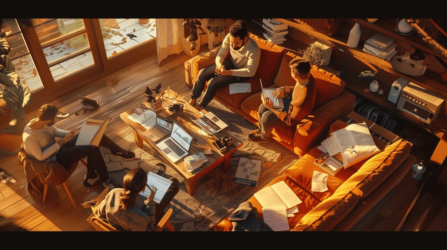 The computer graphic shows the living room observed from a bird's eye view. Two sofas and two chairs are arranged around a wooden table. On the table lie switched-on computers, books and documents. Documents also lie on one of the sofas. The other sofa and 2 chairs are occupied by 4 people. Each of them is busy with office work - browsing documents or files on the computer