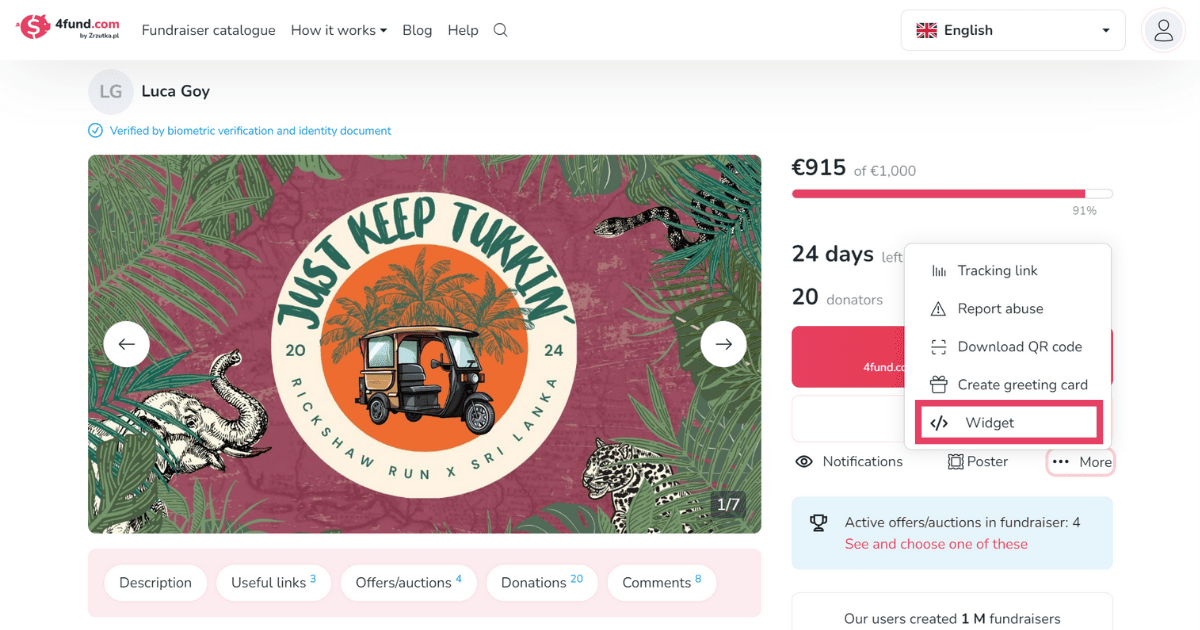 You can see in the ecard screenshot that the 'more' button is to the right of the fundraiser's photo gallery. When clicked, the 'widget' function appears at the bottom of the drop-down menu.