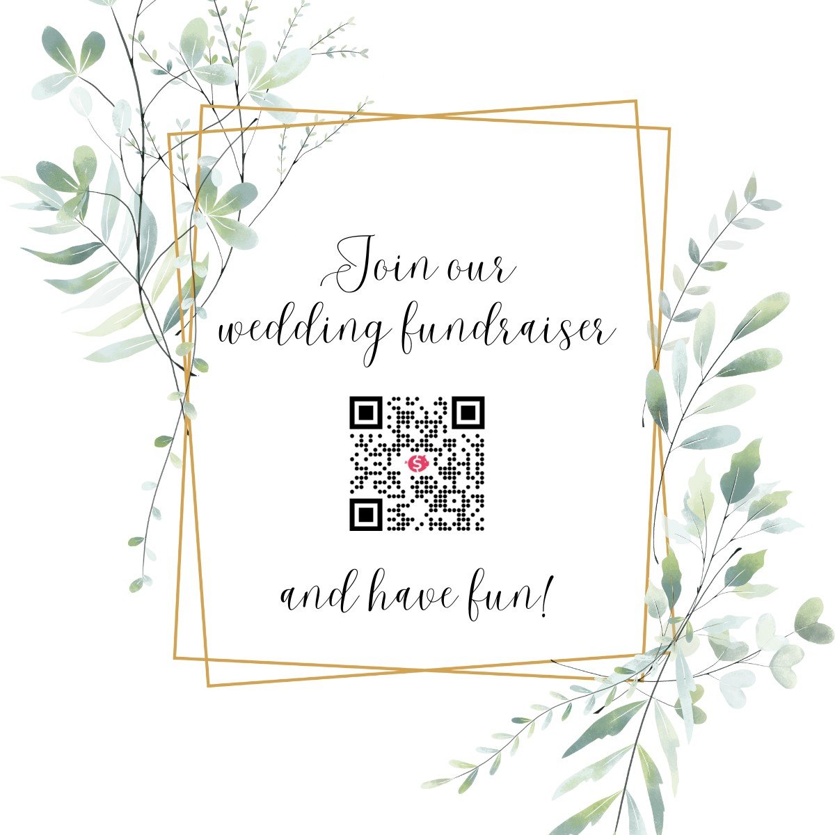 Design av et elegant bryllupsbordstativ. Designet inkluderer en QR-kode og bildeteksten «Bli med på innsamlingsaksjonen for bryllupet vårt og ha det gøy!»