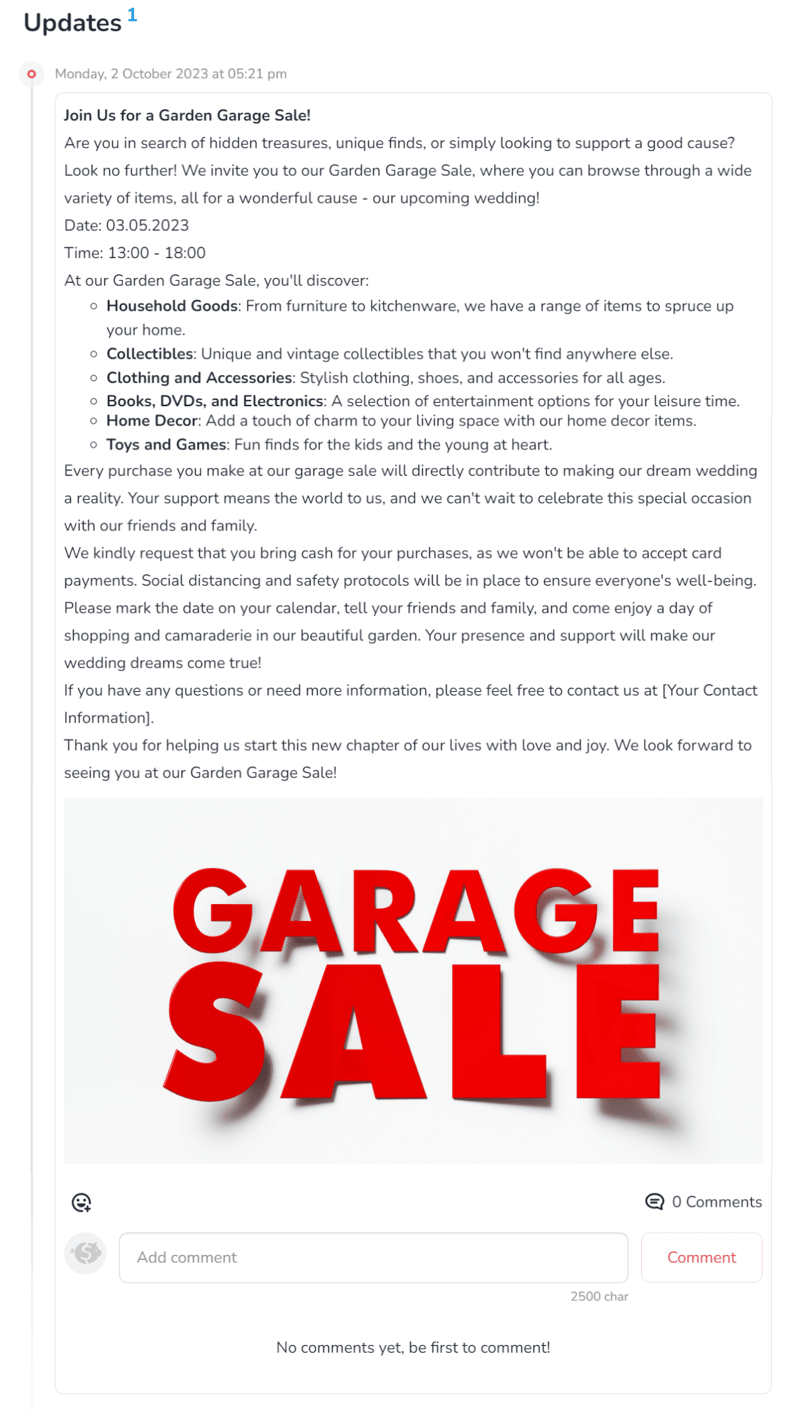 News view with information about the garage sale, all proceeds of which will go towards organising the wedding