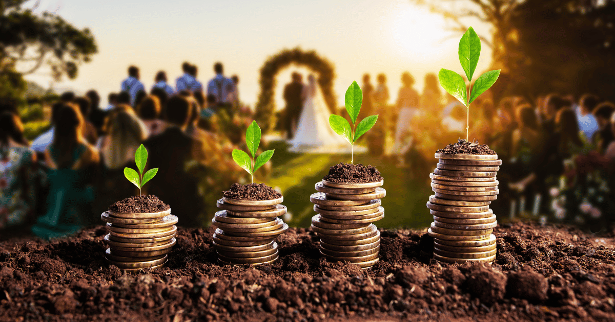 in the foreground 4 stacks of coins, outdoor wedding in the background