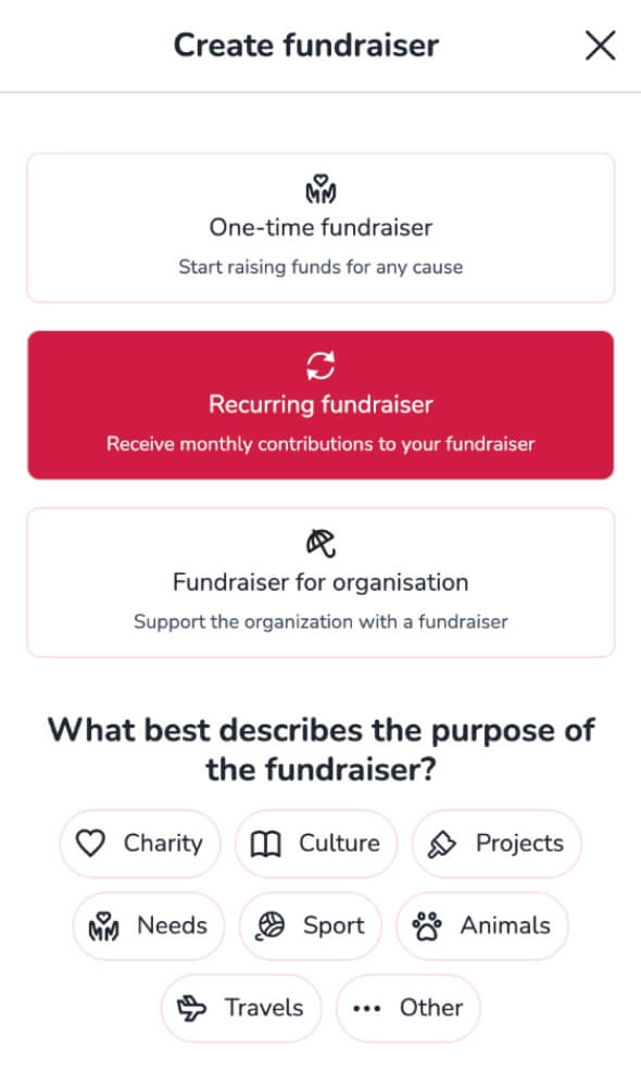 Screenshot of Step 1 of the fundraiser form on 4fund.com, showing the options for selecting the fundraiser type and category.