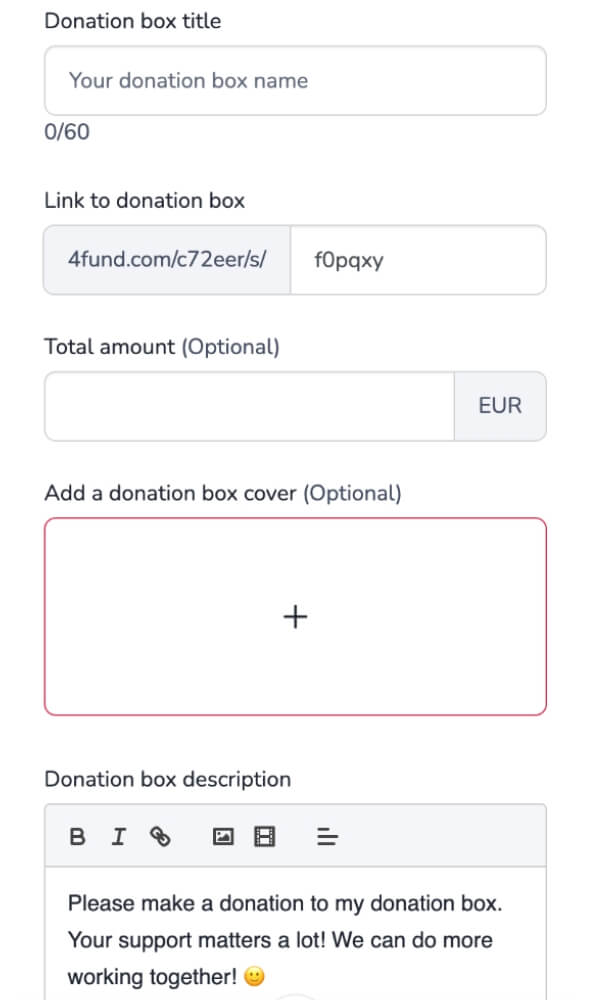 Screenshot of donation box creation form
