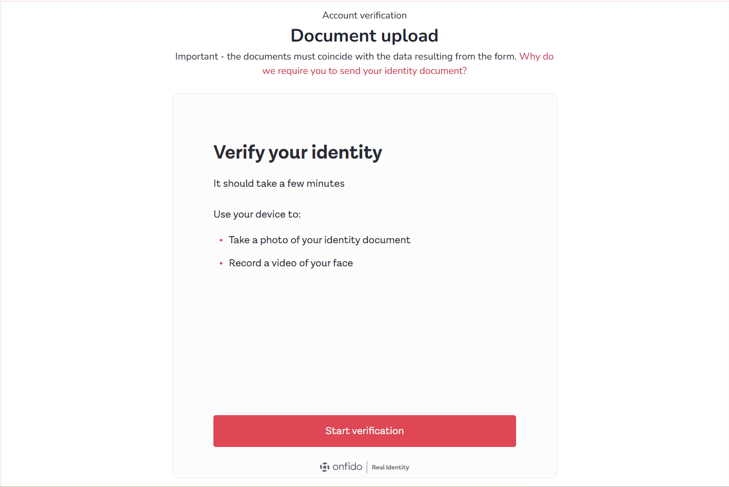Skjermbilde for identitetsbekreftelse på 4fund.com med knappen Start bekreftelse
